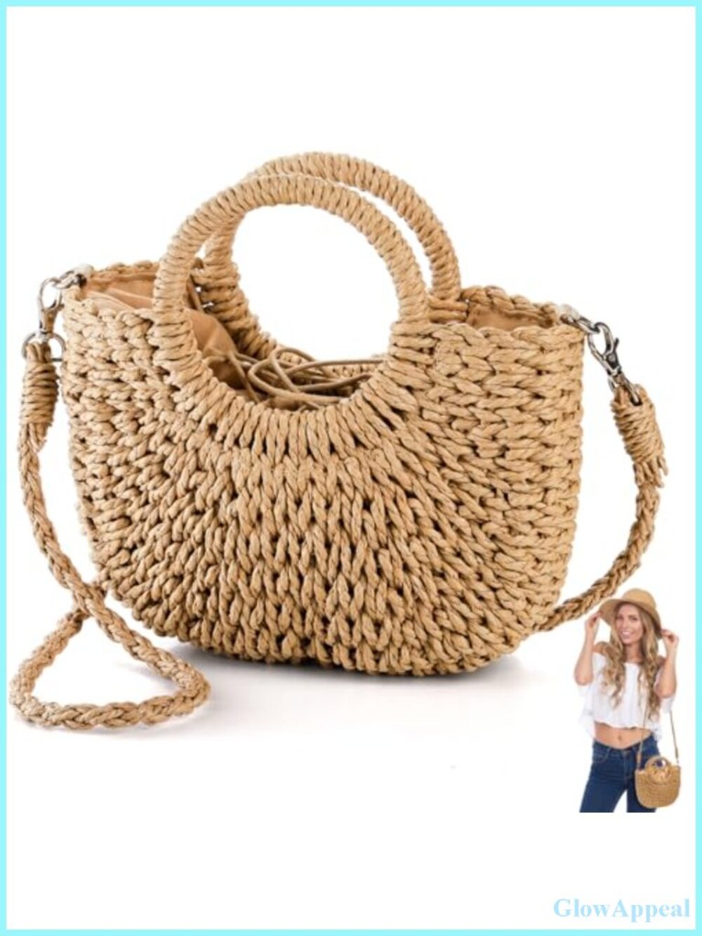 Boho Straw Handbag Semi-Circle Rattan Tote with Drawstring Closure